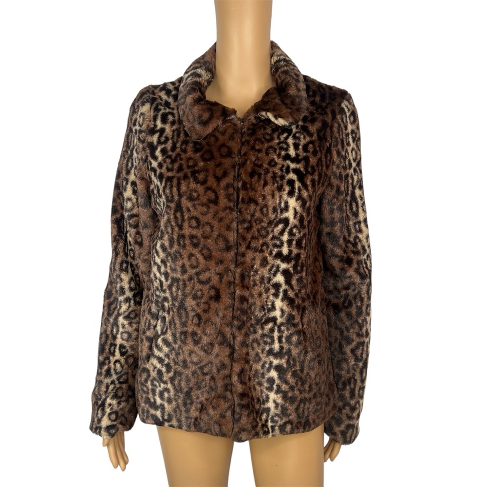 Betsy Johnson Leopard Print Faux Fur Jacket Size S Soft Comfy Pockets Brown New